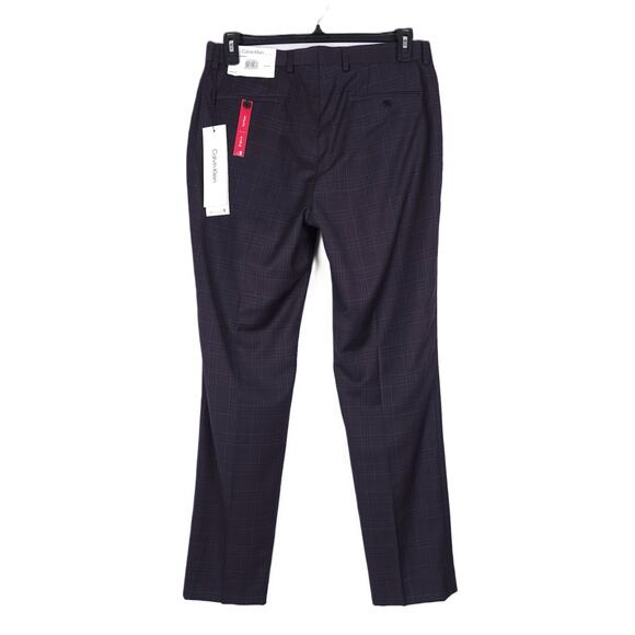 Calvin Klein Men's Slim-Fit Stretch Wool Suit Pant Navy Burgundy Plaid 33x32 NWT - Picture 3 of 6